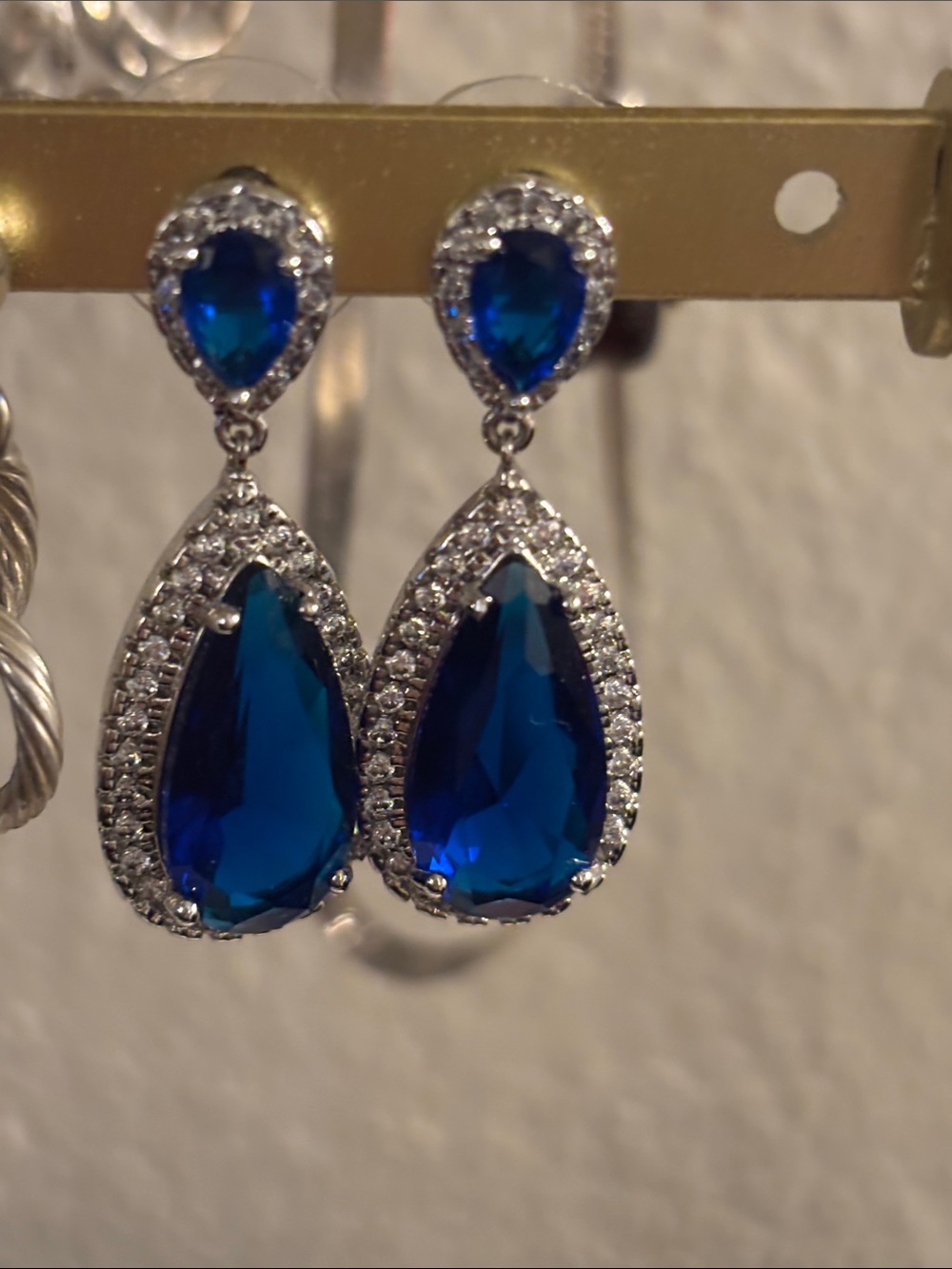 Silver-Tone Teardrop Blue Crystal Dangle Earrings - for pierced ears